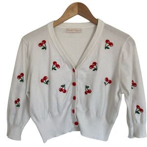 Belle Poque Womens V Neck Cardigan‎ Sweater Size XL White Red Cherries Cropped